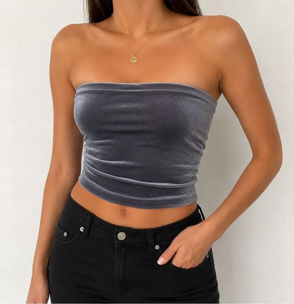Topshop Petite Gray Velvet Bandeau Tube Top US 8-12 Y2K Party Club